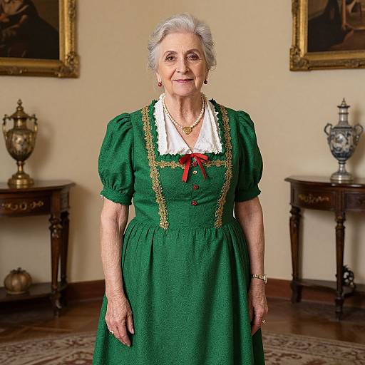 Photograph of an elderly white woman with gray hair, wearing a green dress with gold trim and red ribbon, standing in an elegant room with antique furniture
