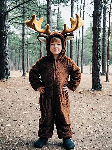 Toddler in Moose Costume Standing in Forest