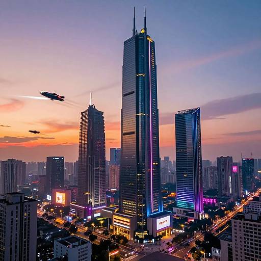 Photograph of a vibrant city skyline at sunset, featuring tall illuminated skyscrapers, two flying helicopters, and colorful neon lights.