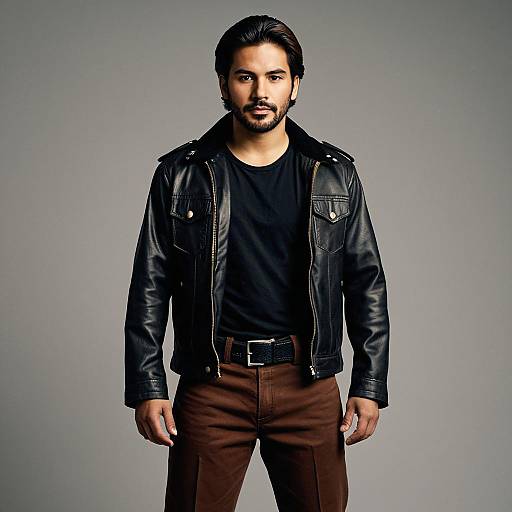 Confident Man in Black Leather Jacket