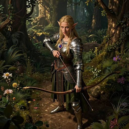 Digital fantasy artwork of a blonde elf woman in silver armor holding a bow in a lush, dark forest, surrounded by vibrant flowers and dense foliage.