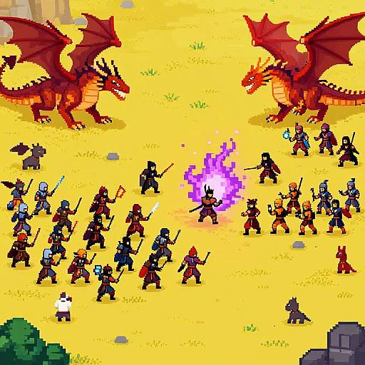 Pixel art battle scene: armored warriors with swords face two red dragons; one warrior casts a bright purple magic spell. Yellow sandy background.
