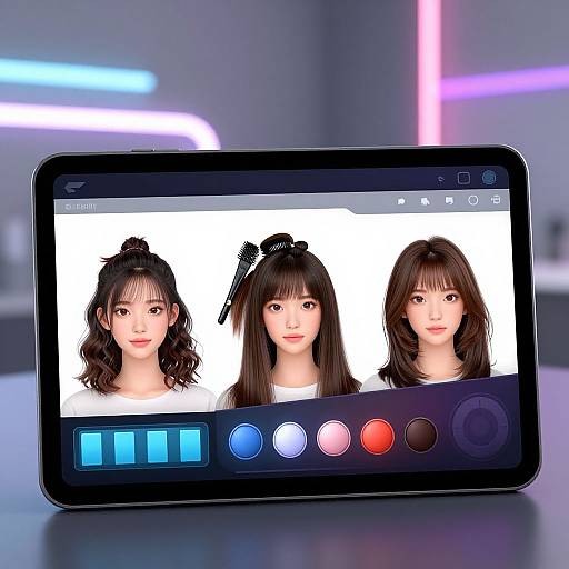 Photograph of a black smartphone displaying three Asian women with different hairstyles, against a white background, with colorful recording buttons below. Neon lights in the blurred