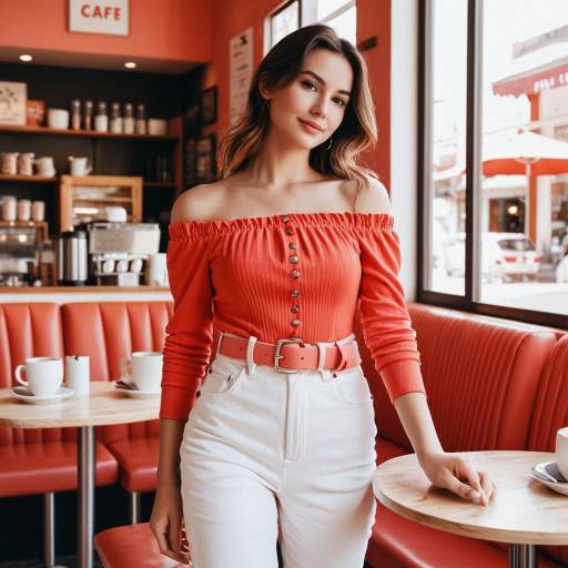 Woman in Coral Off-Shoulder Top in Cozy Cafe