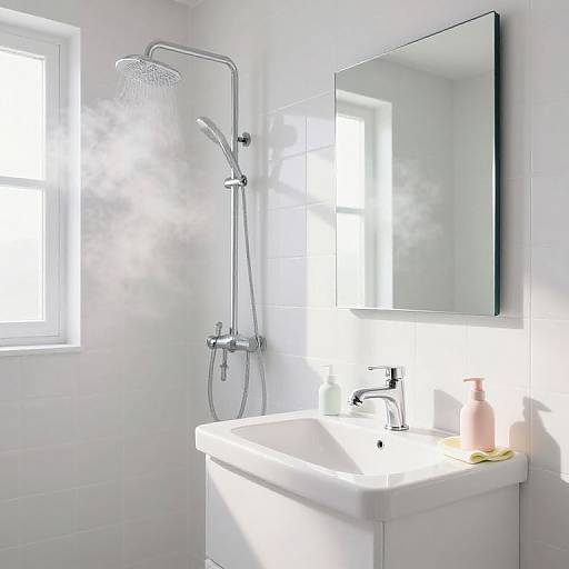 Bright, modern bathroom photograph with white tile walls, chrome showerhead, rectangular mirror, white sink, soap dispenser, and sunlit window.