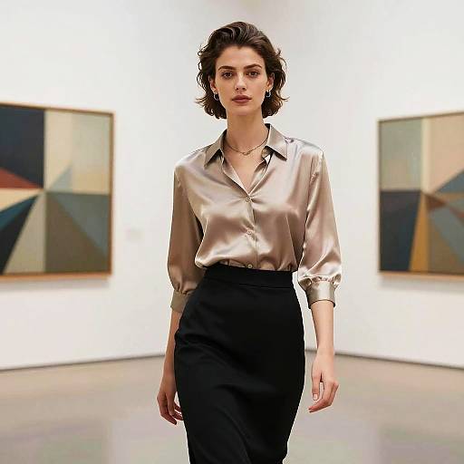 Photograph of a confident woman with wavy brown hair, wearing a silky beige blouse and black high-waisted skirt, walking in an art gallery