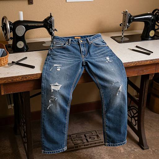 Photograph of distressed blue jeans hanging on a vintage sewing machine table, flanked by two black Singer machines.