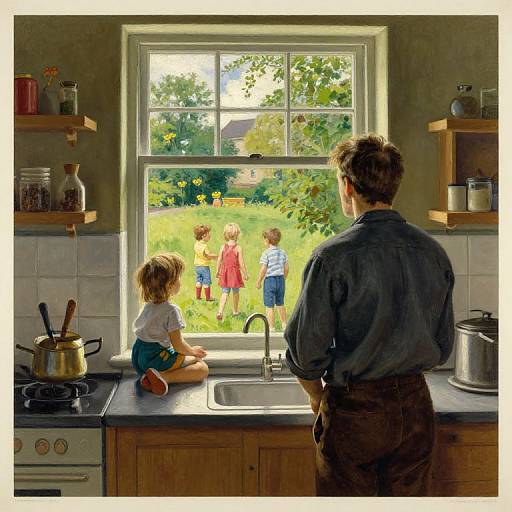 Digital painting of a father in a kitchen watching four children playing in a sunlit backyard through a window. Shelves with jars and pots, a st
