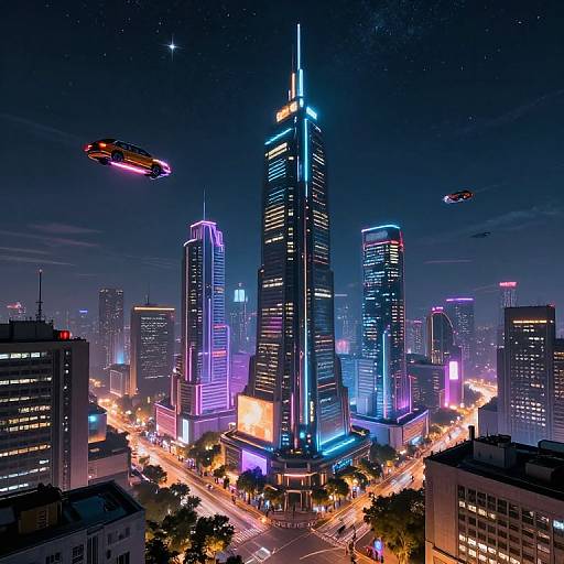 Neon-lit, futuristic cityscape at night, featuring glowing skyscrapers, flying cars, and vibrant street lights. Digital artwork with a cyber