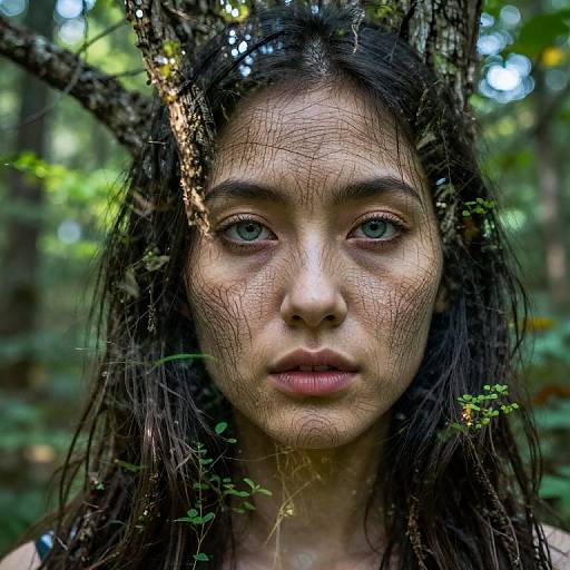Photograph of a young woman with green eyes, dark hair, and tree branches in her hair, standing in a forest. Her expression is neutral,