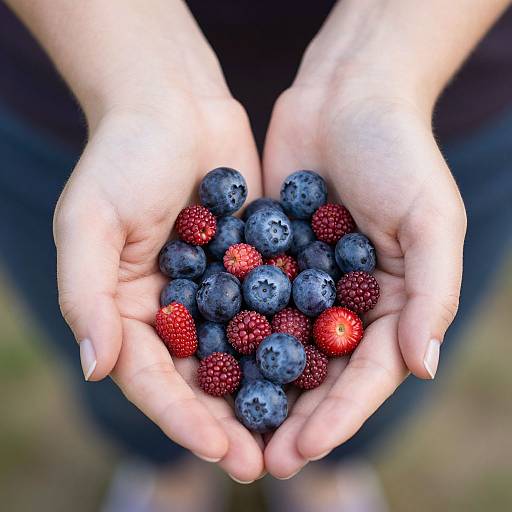 Photograph of a person's pale hands cupping a mix of blueberries and red raspberries, with a blurred dark background.