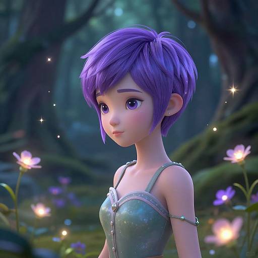 CGI digital art: anime-style girl with short purple hair, large purple eyes, wearing a green, strapless, sparkly dress, standing in