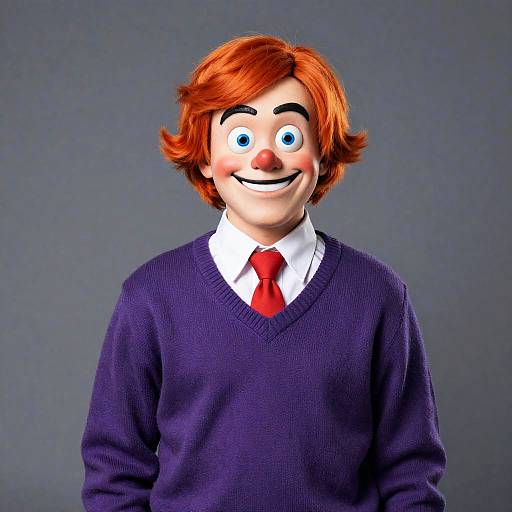 CGI portrait of a smiling man with red hair, blue eyes, wearing a dark purple sweater, white shirt, and red tie, against a gray