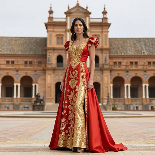 Photograph of a young woman with long black hair in an elaborate, red and gold, Victorian-style gown, standing in front of a grand, historic