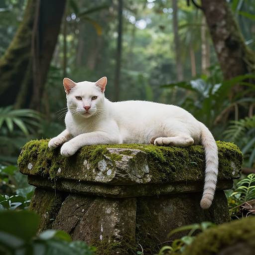 Photograph of a white cat with pink ears and nose, lounging on a moss-covered stone stump in a lush, green forest.