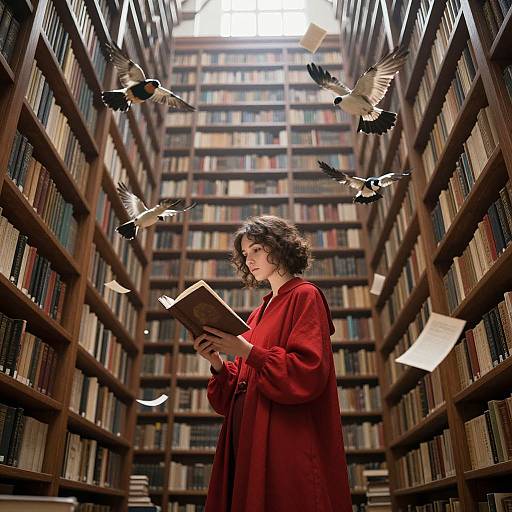 Photograph of a curly-haired woman in a red dress, reading a book amidst flying pigeons in a towering library.