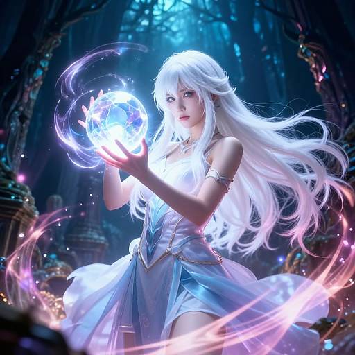 Digital artwork of a white-haired, fair-skinned, magical girl in a flowing blue dress, holding a glowing orb of fire in a dark, enchanted