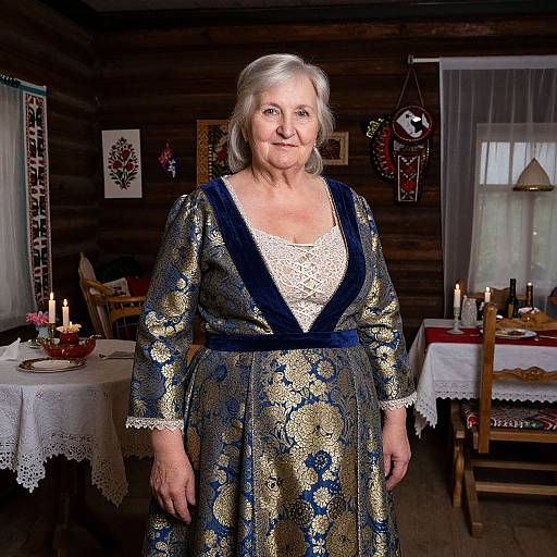 Photograph of an elderly white woman with short gray hair, wearing a blue and gold patterned dress with lace trim, standing in a warmly lit,