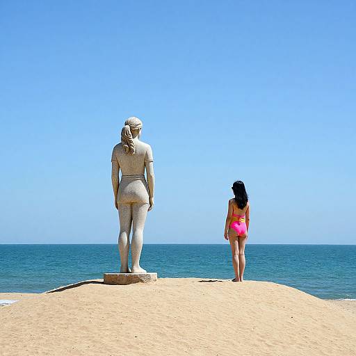 Photograph of a beach scene with a white statue of a woman facing the ocean, and a girl in a pink bikini standing beside it under a clear