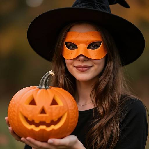 Photograph of a smiling woman with long brown hair, wearing a black witch hat and orange Halloween mask, holding a carved, orange pumpkin with a jack