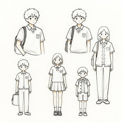 Black-and-white line drawing of six anime-style schoolchildren, three boys, and three girls, wearing uniforms with backpacks, standing in various poses.