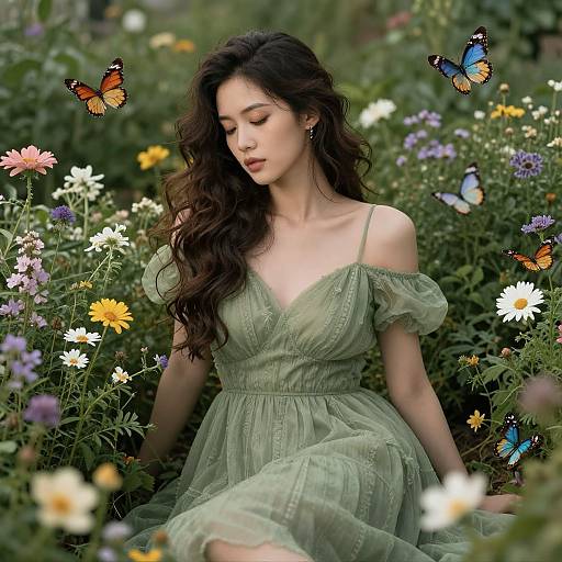 Woman in Green Dress with Butterflies