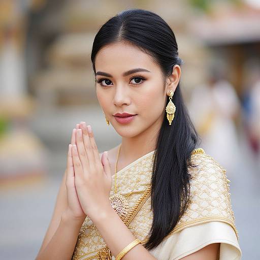 Photograph of an Asian woman with black hair in a ponytail, wearing a gold-embroidered saree and gold earrings, hands in prayer