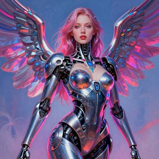 Digital artwork of a pink-haired, blue-eyed woman with metallic, glowing black bodysuit and vibrant pink and blue angel wings against a blue gradient background