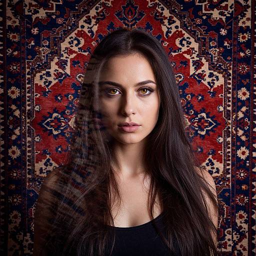 Photograph of a serious young woman with long dark hair, wearing a black top, standing against a vivid red and blue patterned rug.