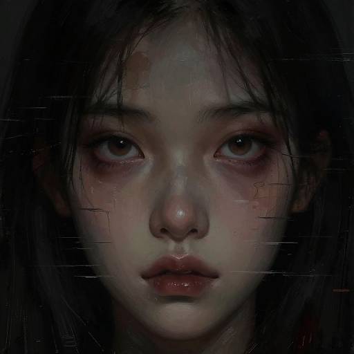 Digital painting of a young Asian woman with dark, disheveled hair, wide, haunted eyes, and bruised face, set against a dark,