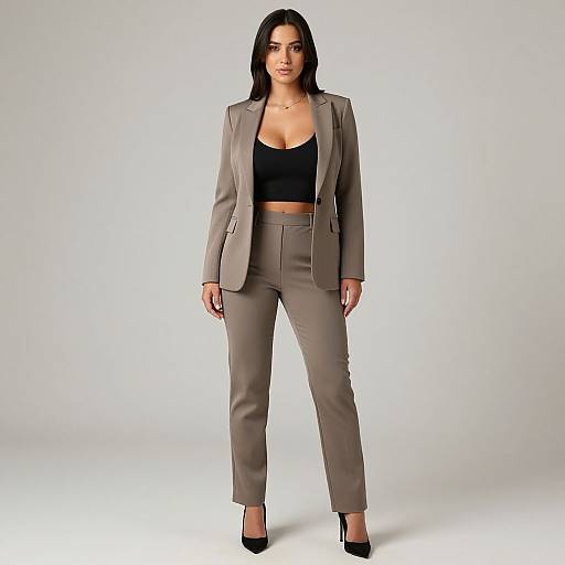 Photograph of a confident woman with long black hair, wearing a gray blazer, black crop top, gray pants, and black heels.