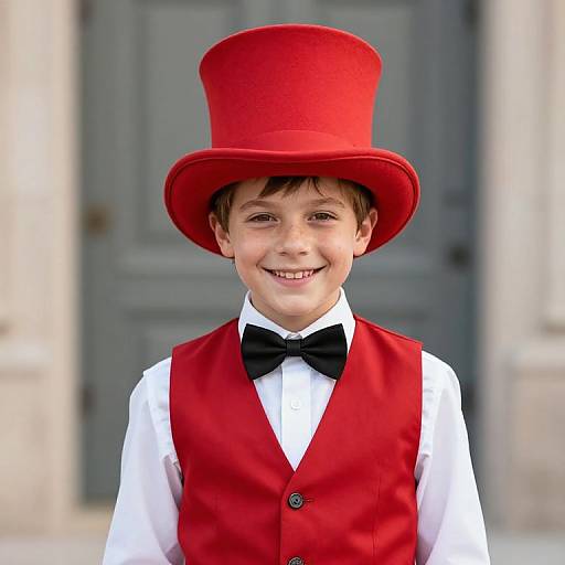 Photograph of a young boy smiling, wearing a bright red top hat, red vest, black bow tie, and white shirt, standing in front of
