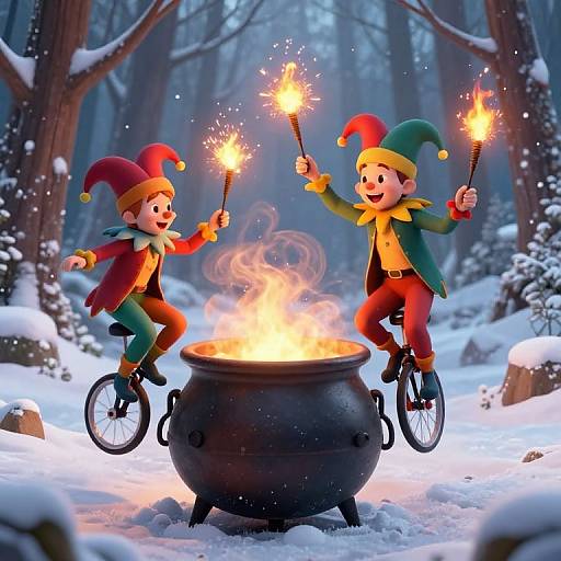 Two cartoon elves in red and green outfits, juggling sparklers, ride bicycles around a blazing cauldron in a snowy forest.