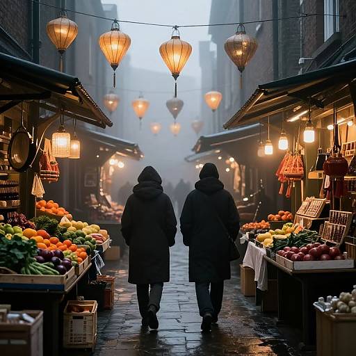 Misty Lantern-lit Alleyway with Cloaked Figures
