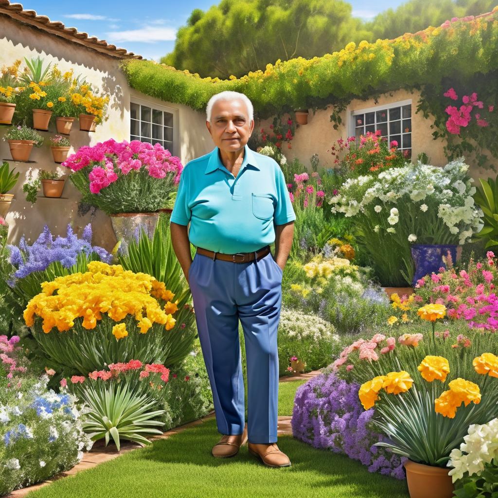 Elderly Hispanic Man in Vibrant Garden