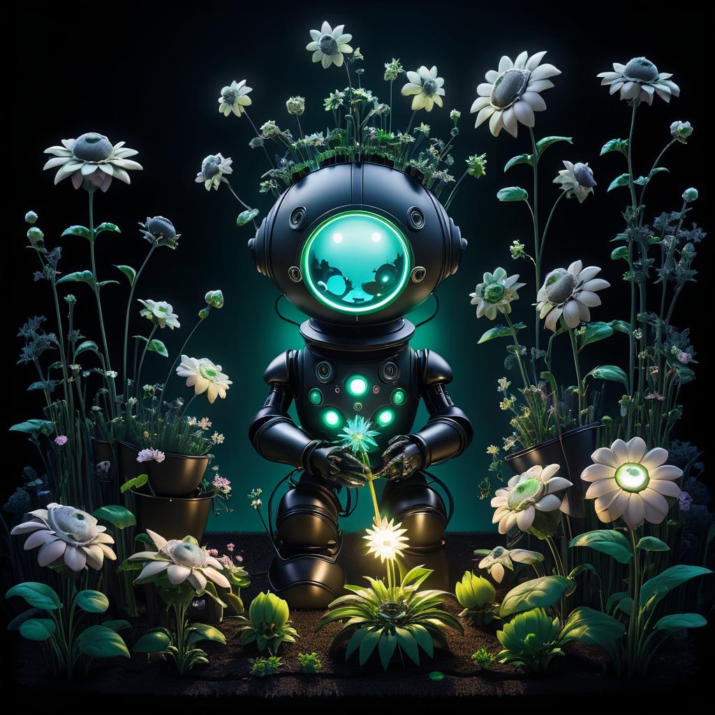 Whimsical Robot Gardener in Ethereal Style