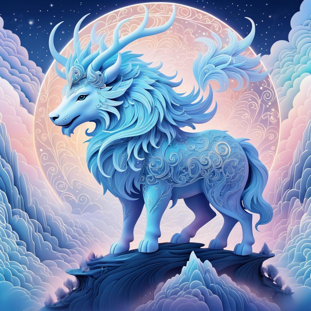 Ethereal Mythical Beast on Cloudy Mountain