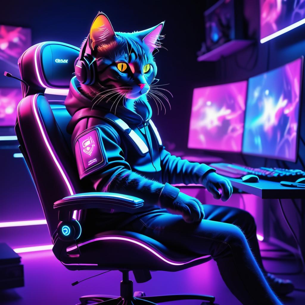 Majestic Cat Gaming in Neon Lights