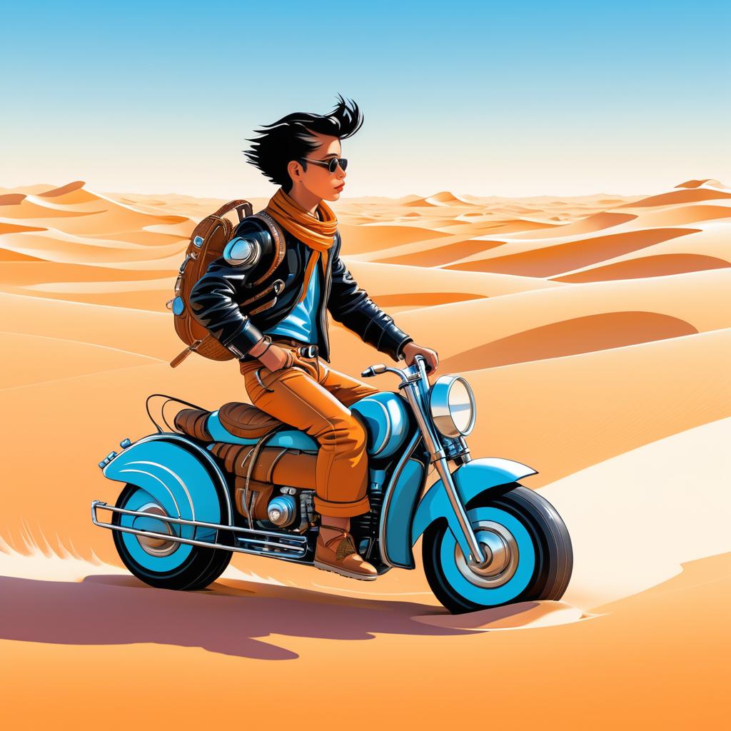 Adventurer on Hoverboard in Gobi Dunes