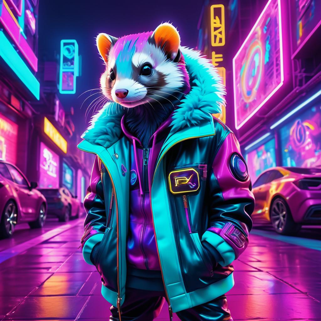 Vibrant Cyberpunk Ferret in City