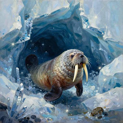 Wise Walrus Swimming in Icy Cavern