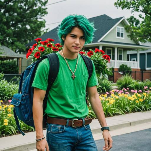 Young Man with Green Hair Carrying Flowers