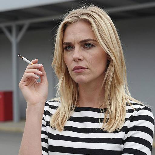 Serious Blonde Woman in Outdoor Scene