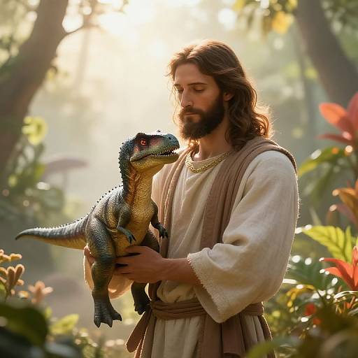 Photorealistic image of a bearded, long-haired man in ancient Roman-style clothing gently holding a small, detailed green and black dinosaur in a sun