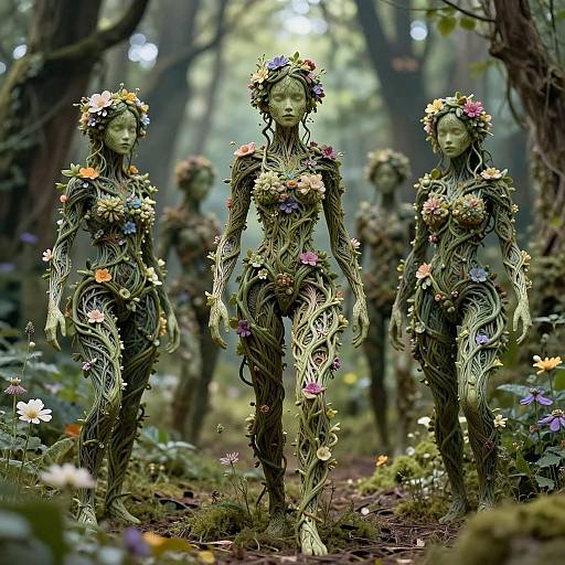Photorealistic CGI: Three ethereal, green-skinned female figures with floral crowns and vine-like bodies stand in a sunlit forest, adorned