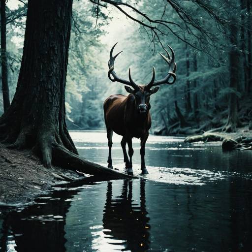 Majestic Deer Standing in Forest Stream