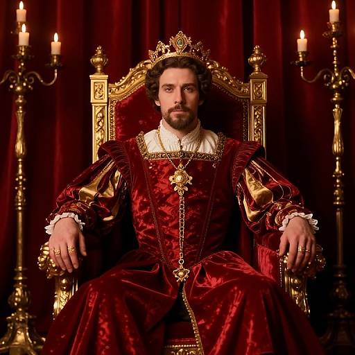 Photograph of a bearded man with dark curly hair, wearing a red velvet and gold-trimmed royal robe, crown, and ornate chair
