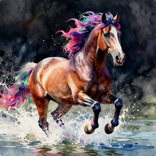 Digital painting of a vibrant, brown horse with a multicolored mane and tail, galloping through splashing water, set against a dark,