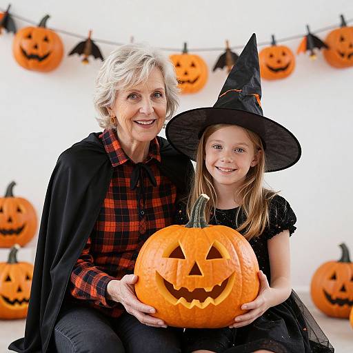 Photograph of an elderly woman with white hair and a young girl in a witch hat, holding a carved pumpkin, in a Halloween-themed setting with jack
