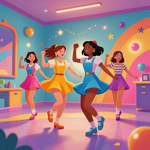 Tween Girls Dancing in Colorful Mural Room